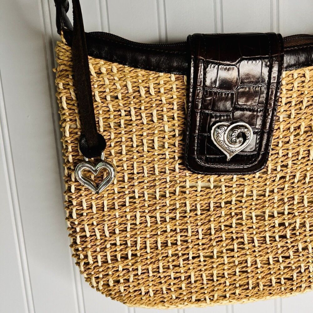 Brighton Jute Raffia Woven Shoulder Bag Brown Leather Woven Handles Heart Charm - Picture 3 of 10